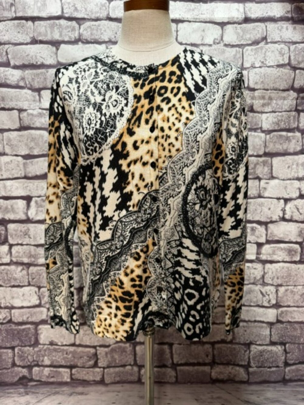 August Silk Black, Brown & Ivory Long Sleeve Cardigan Sweater Size XL